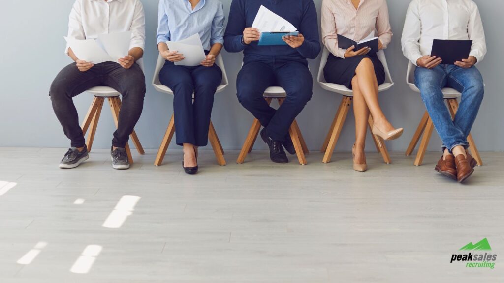 Feet of people waiting to be interviewed for a job.